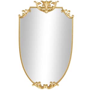 34 in. H x 21 in. W. Shield Oval Framed Gold Floral Wall Mirror with Floral Embellishments