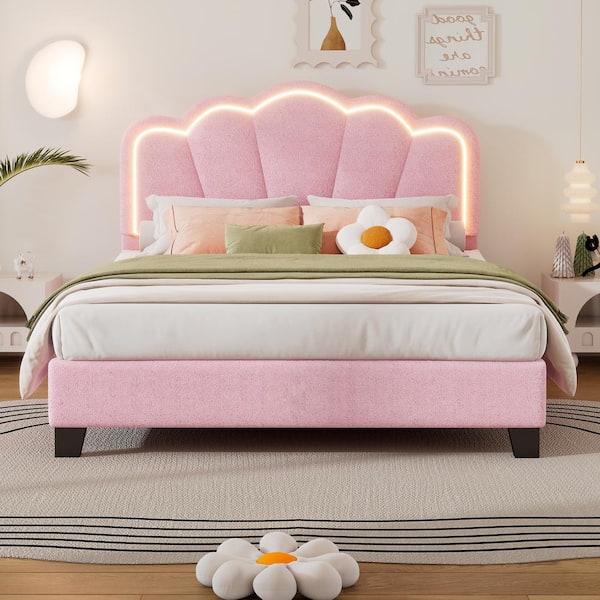 Polibi Pink Wood Frame Full Size Upholstered Platform Bed with LED Light Strip Elegant Flowers Headboard,