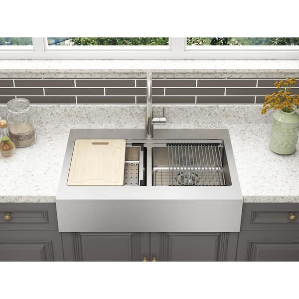 Blanchard 33 in. Drop-in/Undermount 50/50 Double Bowl 18-Gauge Stainless Steel 1-Hole Retrofit Workstation Farm Sink