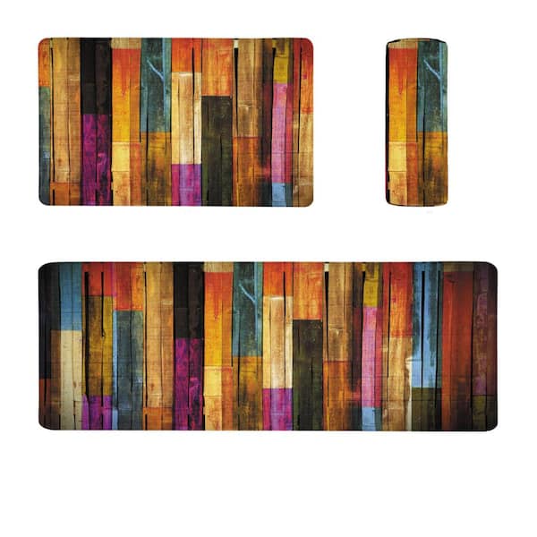 Colorful Wooden 17.3 in. x 28 in. and 17.3 in. x 47 in. PVC Anti-Fatigue Indoor Kitchen Mats Set of 2