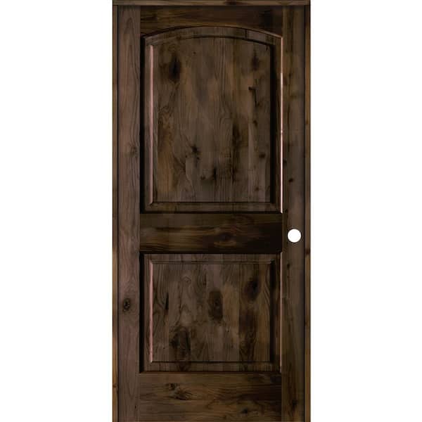 Krosswood Doors 28 in. x 80 in. Knotty Alder 2-Panel Left-Handed Black Stain Wood Single Prehung Interior Door with Arch Top