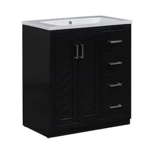 30 in. W x 18 in. D x 34 in. H Single Sink Freestanding Solid Wood Frame Bath Vanity in Black with White Resin Top