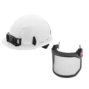 BOLT White Type 1 Class E Front Brim Non Vented Hard Hat with 4-Pt Ratcheting Suspension with BOLT Mesh Full Faceshield