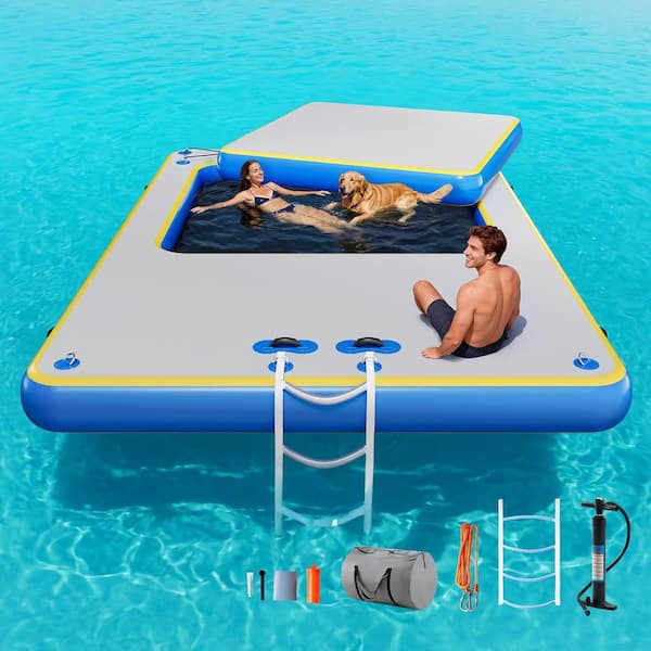 Inflatable Floating Dock 12ft. x 8ft. with Mesh Area, Non-Slip PVC Surface, Gray and Blue, 7-9 People Use