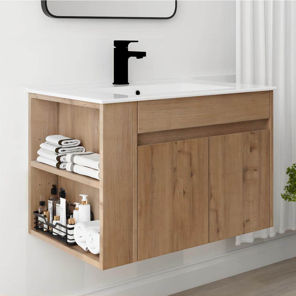 UPIKER Modern 18.3 in. W x 30 in. D x 19.7 in. H Floating Bath Vanity in  Imitative Oak with White Ceramic Top UP2210BCB30024 - The Home Depot