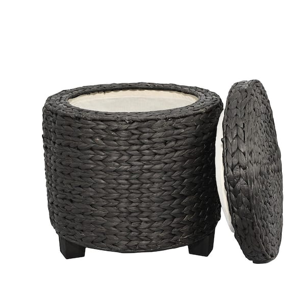 Addie 17.72 in. Modern Coastal Handwoven Water Hyacinth Storage Ottoman with Lid, Black