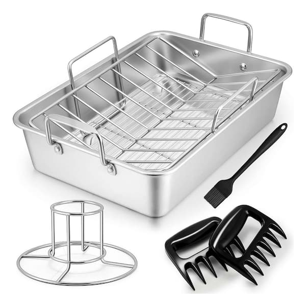 Silver Stainless Steel Roasting Pan Kitchen Bakeware with V Rack Cooling Rack Meat Claws Silicone Brush 7 pcs