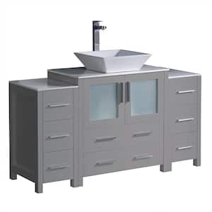 Torino 54 in. Bath Vanity in Gray with Glass Stone Vanity Top in White with White Vessel Sink, Side Cabinets