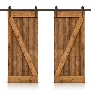 Z 56 in. x 84 in. Bar Walnut Stained DIY Solid Knotty Pine Wood Interior Double Sliding Barn Door with Hardware Kit
