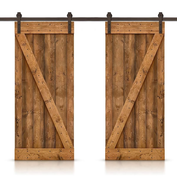 CALHOME Z 96 in. x 84 in. Bar Walnut Stained DIY Solid Knotty Pine Wood Interior Double Sliding Barn Door with Hardware Kit