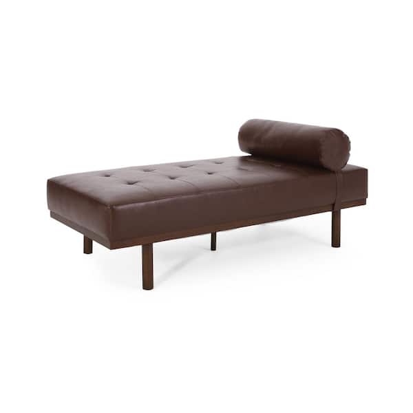 Noble House Camas Dark Brown and Natural Walnut Faux Leather Tufted Bolster Pillow Chaise Lounge