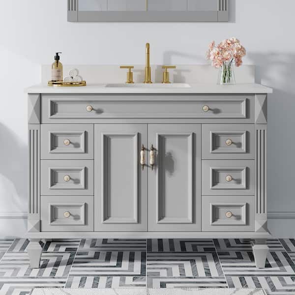 48 in. W x 22. in D. x 35 in. H Solid Wood Bath Vanity in Titanium Gray with Quartz Top, Single Sink, Soft-Close Drawers