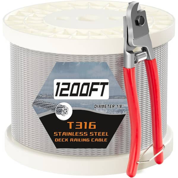 Afoxsos 1200FT 1/8 T316 Stainless Steel Cable Railing Aircraft Wire Rope with Cutter Uncoated 7x7 Insulated