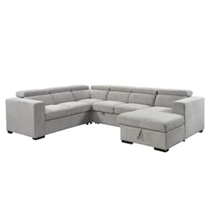 123 in. U Shaped Polyester Sectional Sofa in Light Gray with Pull-Out Bed, Adjustable Headrest, Storage Chaise