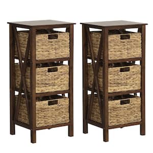 2-Pieces Walnut and Natural 31.5 in. H Storage Cabinet with 3 Seagrass Baskets Rubber Wood X-Shaped Frames 3-Drawers