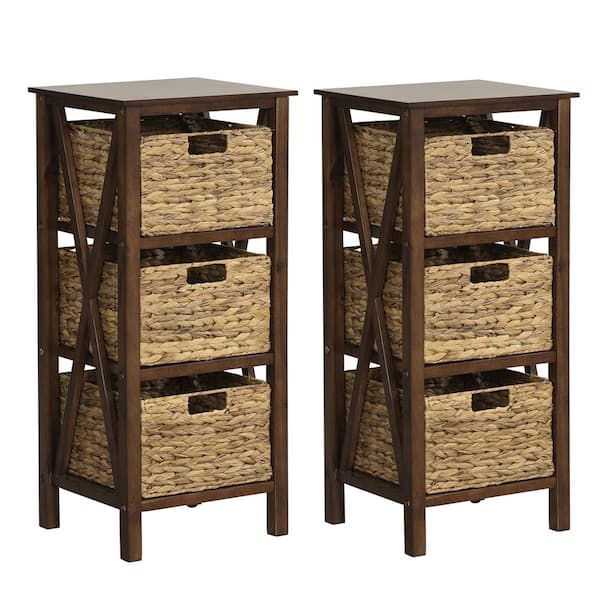 2-Pieces Walnut and Natural 31.5 in. H Storage Cabinet with 3 Seagrass Baskets Rubber Wood X-Shaped Frames 3-Drawers