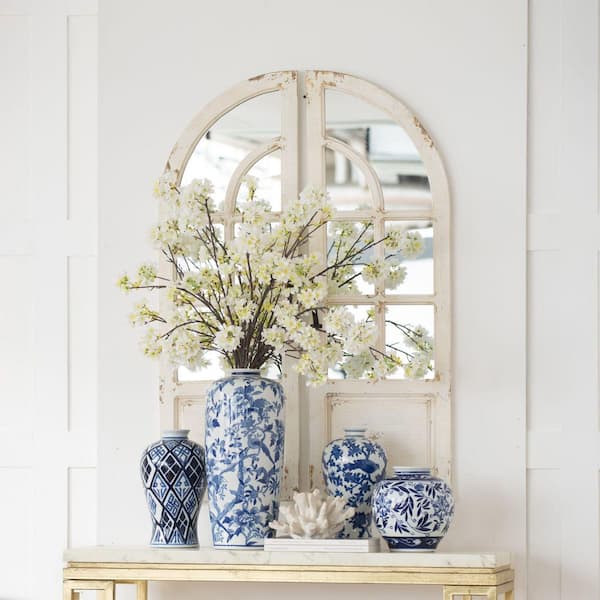 12.8 in. White and Blue Ceramic Urn Vase with Distressed Finish, Farmhouse French Country Decorative Table Vase