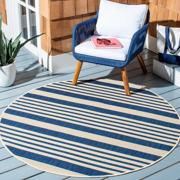 Courtyard Navy/Beige 3 ft. x 3 ft. Striped Indoor/Outdoor Round Area Rug