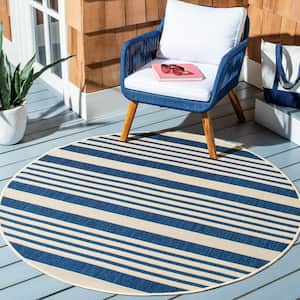 Courtyard Navy/Beige 7 ft. x 7 ft. Striped Indoor/Outdoor Patio  Round Area Rug