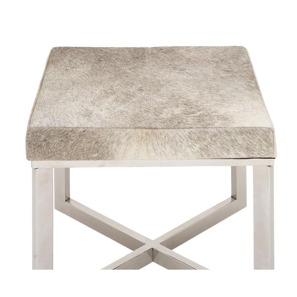 Silver Hair on Hide Upholstered Stool with Steel X-Base