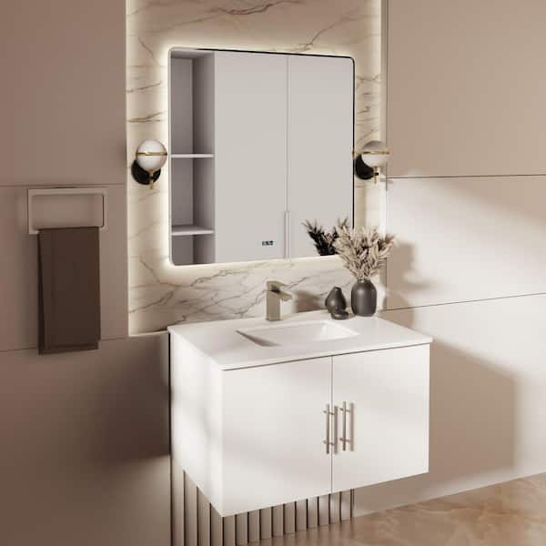 Geneva 30 in. W x 22 in. D Glossy White Bath Vanity, White Quartz Top, and 30 in. LED Mirror