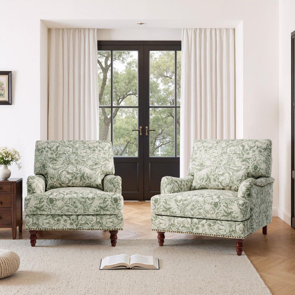 Uixe Rococo Green Flared Arm Chenille Arm Chair with Wood Legs
