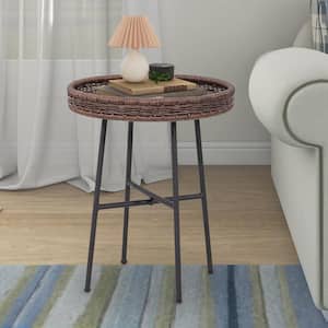 17.7 in. Dia x 22 in. H Outdoor and Indoor Brown Color Round Wicker End Table and Side Table with Matte Black Metal Legs