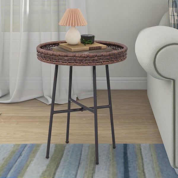 Maypex 17.7 in. Dia x 22 in. H Outdoor and Indoor Brown Color Round Wicker End Table and Side Table with Matte Black Metal Legs