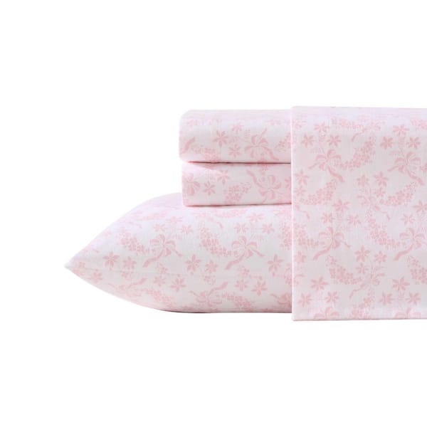Antoinette 4-Piece White/Soft Pink Percale Cotton Queen Sheet Set