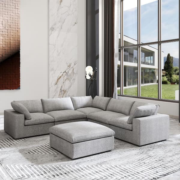 J&E Home 120 in. Square Arm L Shaped Linen 7-Seat Deep Seat