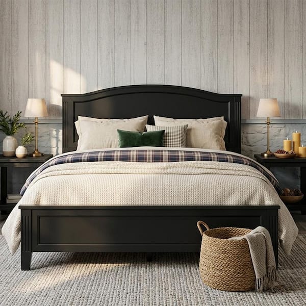 Solid Wood Frame Black Platform Bed Full with Arched Headboard and Footboard, Wooden Slat Support, No Box Spring Needed