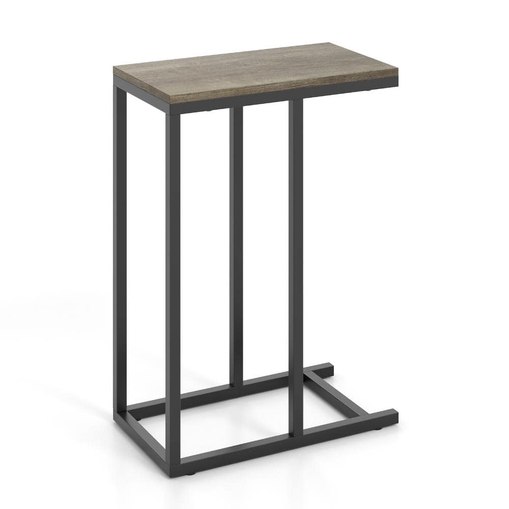 C-Shaped Sofa Side Table with Heavy-Duty Metal Frame and Wood Tabletop