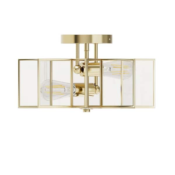 Meluaim 16.3 in. 2-Light Gold-Octagon Modern Semi-Flush Mount with Clear Glass Shade and No Bulbs Included
