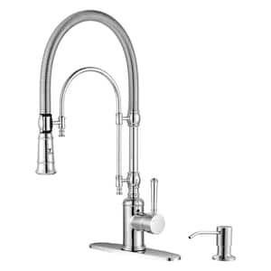 Single Handle Pull Down Sprayer Kitchen Faucet Solid Brass with Soap Dispenser in Chrome