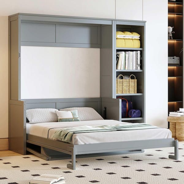Gray Wood Frame Full Size Murphy Bed with Desk and Bookshelf