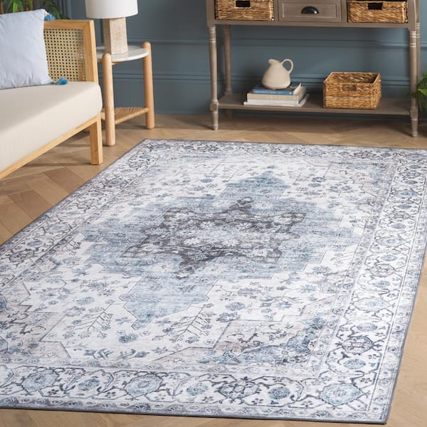 Arizona Ivory/Blue 6 ft. x 6 ft. Border Ornate Machine Washable Square Area Rug