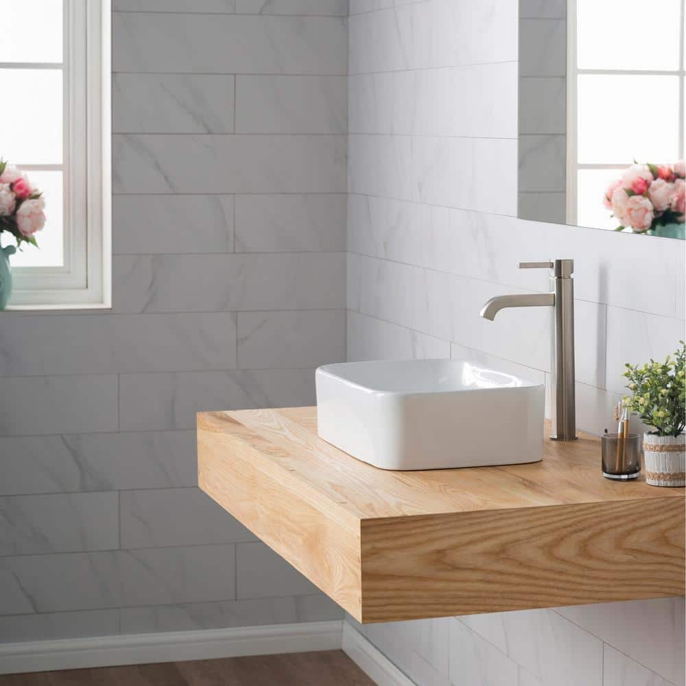 White Ceramic Rectangular Vessel Sink with Satin Nickel Faucet