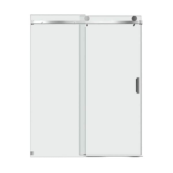 WELLFOR 60 in. W x 76 in. H Single Sliding Frameless Shower Door in Brushed Nickel with 3/8 in. Clear Glass Shower Enclosure
