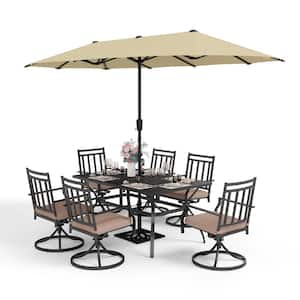 Black 8-Piece Metal Patio Outdoor Dining Set with Slat Table, Umbrella and Swivel Chairs with Beige Cushions