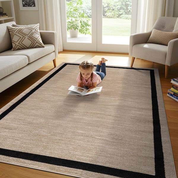 Aura Beige 6 ft. x 9 ft. Rubber Back Washable Modern Bordered Indoor Outdoor Area Rug