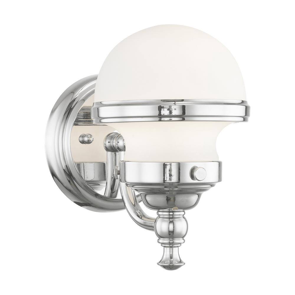 Sleek Industrial Polished Chrome 1-Light Bath Vanity with Hand Blown Opal Glass