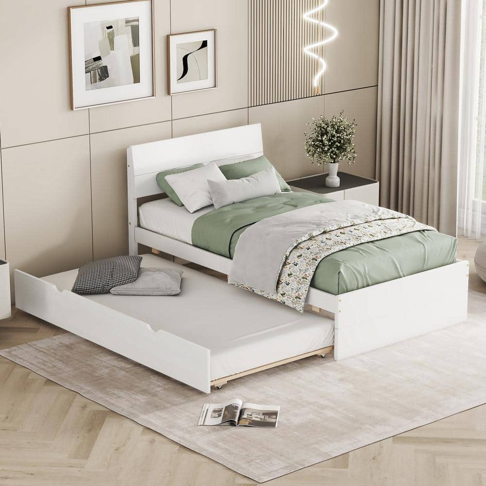 White Wood Frame Twin Size Platform Bed with Trundle -  Nestfair, PB697W32