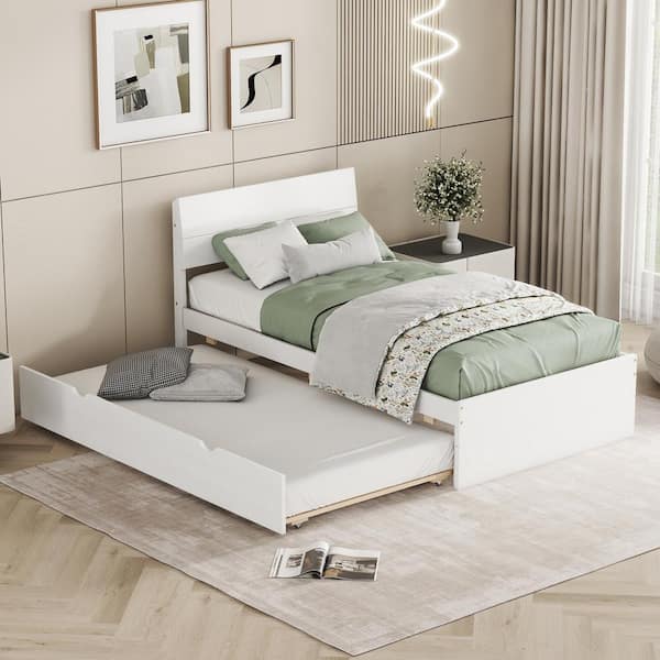 White Wood Frame Twin Size Platform Bed with Trundle