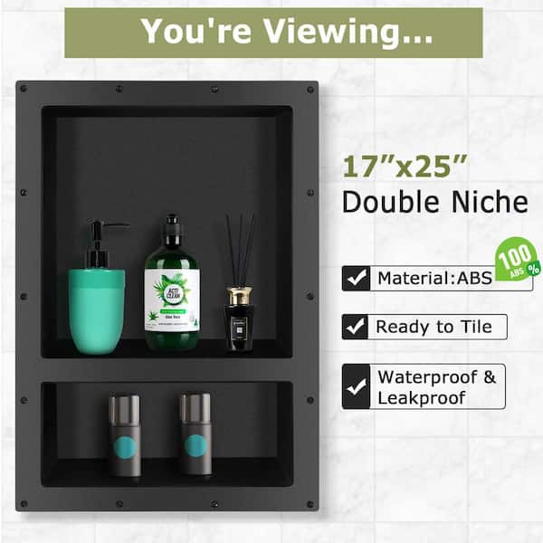 Shower Niche 3.8 in. W x 25 in. H x 17 in. ABS Shower Niche Set of 1Piece in Black-Double Shelf with Tile Ready,Shelves