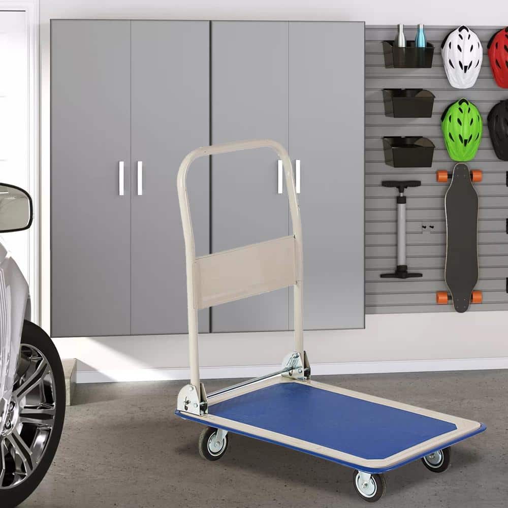 Heavy-Duty Blue Steel Folding Platform Hand Truck with 4 Wheels