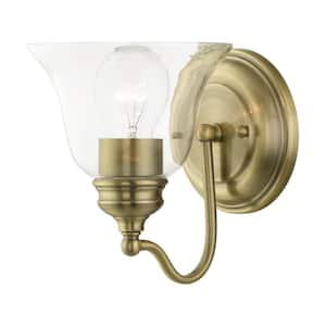 Crestridge 6.25 in. 1-Light Antique Brass Wall Sconce with Clear Glass