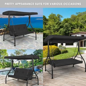 3-Person Black Metal Outdoor Patio Swing Hammock Porch Swing Glider with Cushions and Adjustable Tilt Canopy