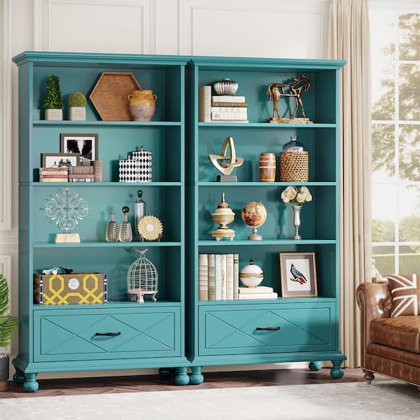 Eulas 71in. Tall Blue Wood 6-Shelf Bookcase with Drawer, Bookshelf Large Open Display Storage for Living Room