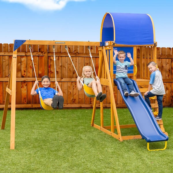 Addison Wooden Outdoor Playset with Swings, Heavy Duty Double A-Frame, and Blow Molded Slide