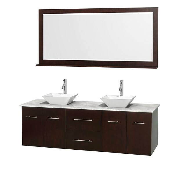 Wyndham Collection Centra 72 in. Double Vanity in Espresso with Marble Vanity Top in Carrara White, Porcelain Sinks and 70 in. Mirror